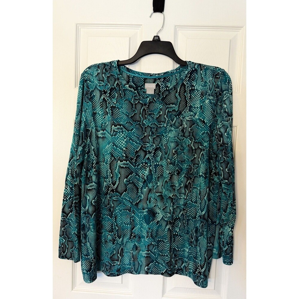 NWOT Chico’s Women’s Plus Teal Black Snakeskin Long Sleeve Shirt Top Size 3 XL